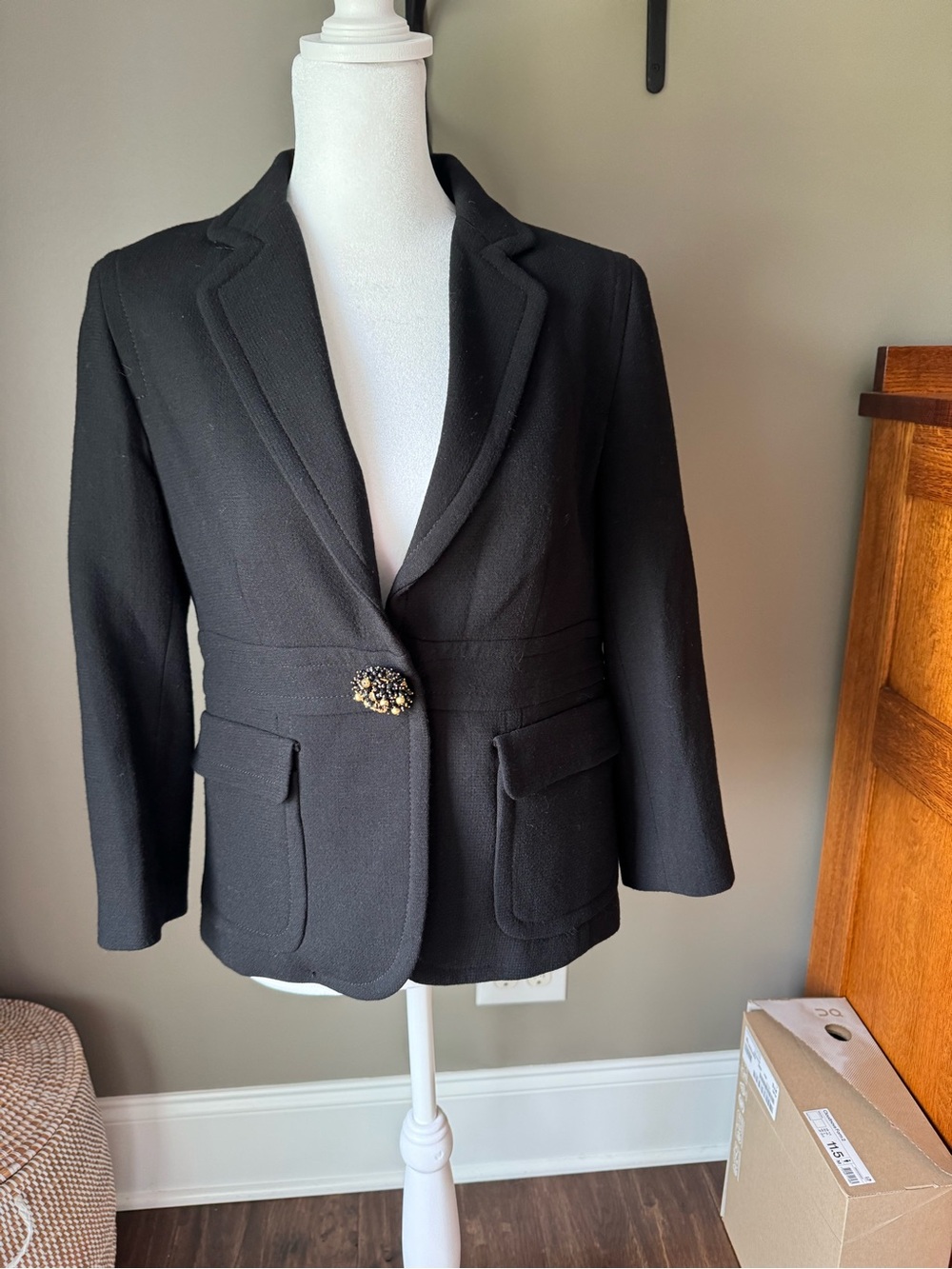 J.Crew Black Wool Blazer Size 6 Jeweled Button Tailored Jacket